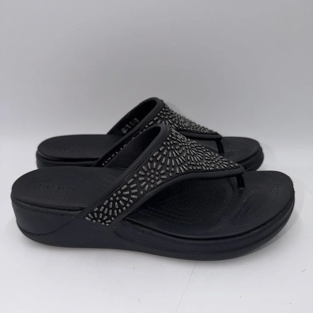 Crocs Monterey Diamante Wedge Flip Flops Black Women's Size 8 Boho Comfort
